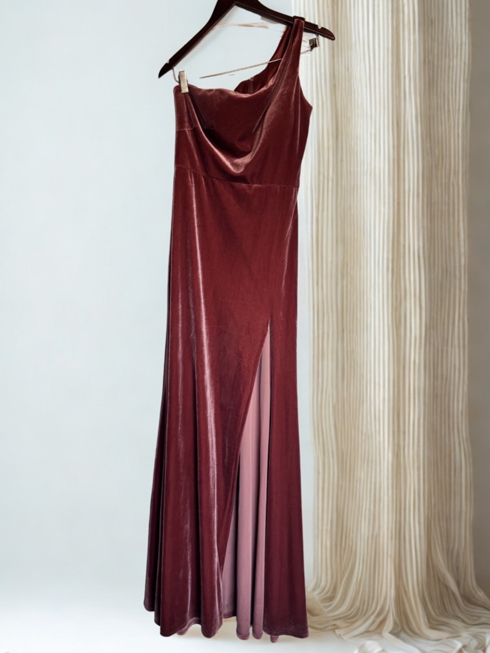 Jenny Yoo Collection Cybill One-Shoulder Burgundy Velvet Evening Dress